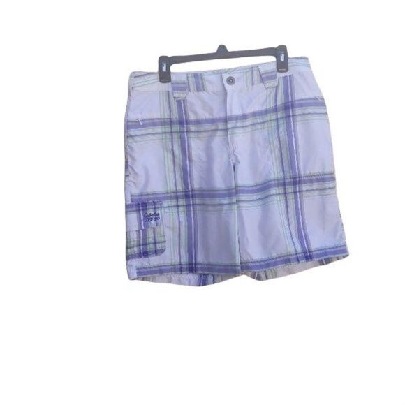 Cabela's Shorts Activewear Plaid UPF50 Sports Bermuda White Purple Green Sz 10 - Picture 1 of 8